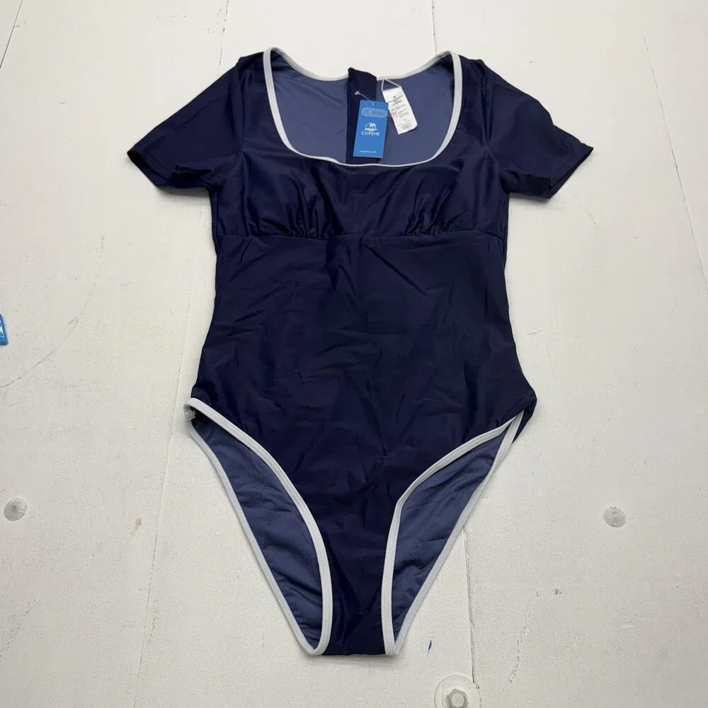 Cupshe Swimsuit Womens S Blue One Piece Short Sleeve Zip Back Lined Stretch